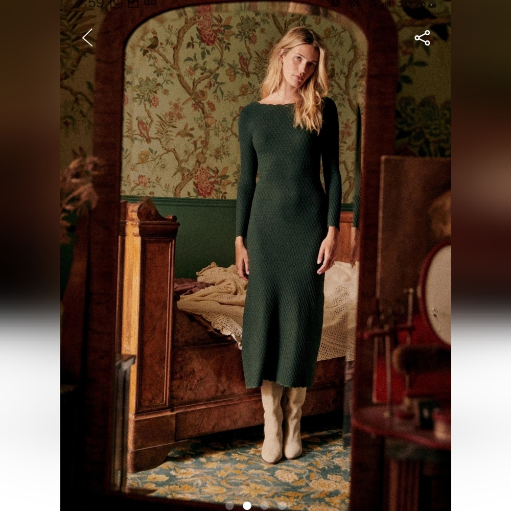 Sézane Forest Green Ribbed Long-Sleeve Midi Dress